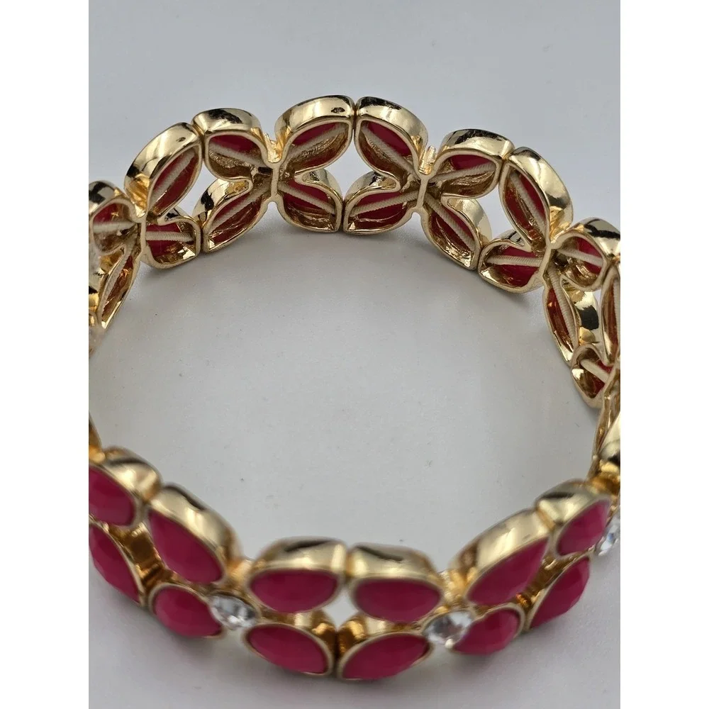 Gold Tone Hot Pink Faceted‎ Stone Stretch Bracelet Clear Rhinestone Accents